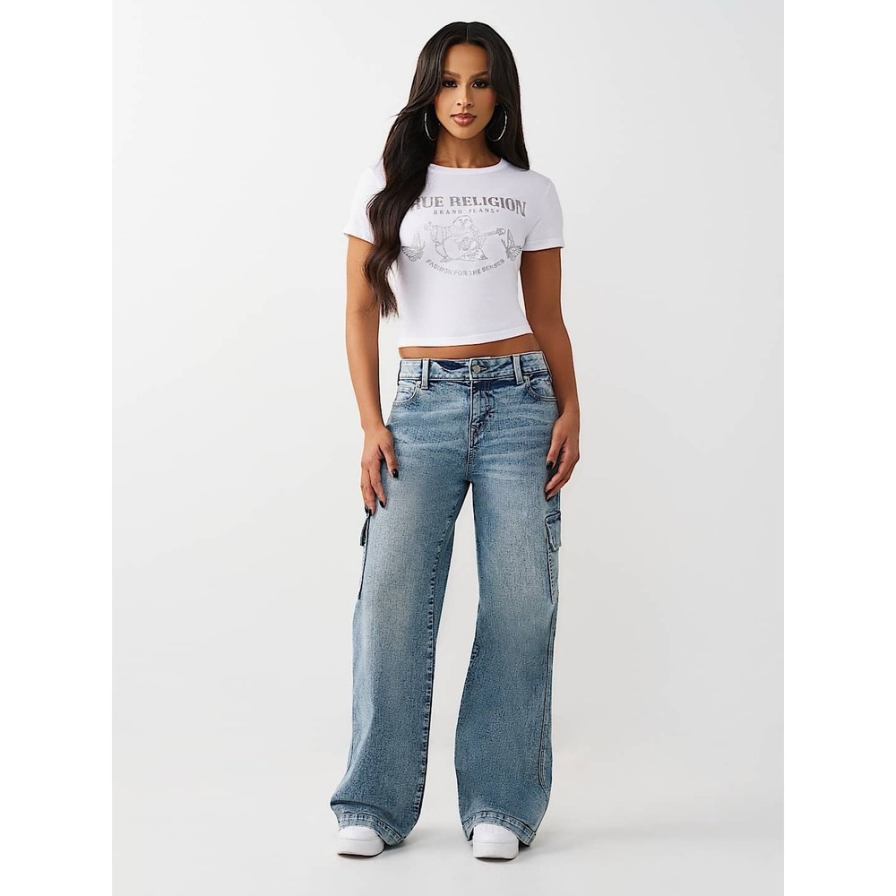NWT $184 True Religion Women 28 Bobbi Baggy Cargo Mid Rise Denim Blue Jeans